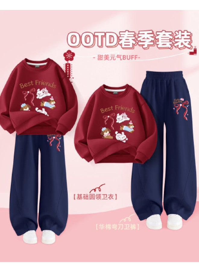Babu Bean Girls' Spring And Autumn Outfit Set Children's Basic Spring Round Neck Sweatshirt Top Middle And Large Kids' Spring Wear Curved Knife Wide Leg Pants - Image 1
